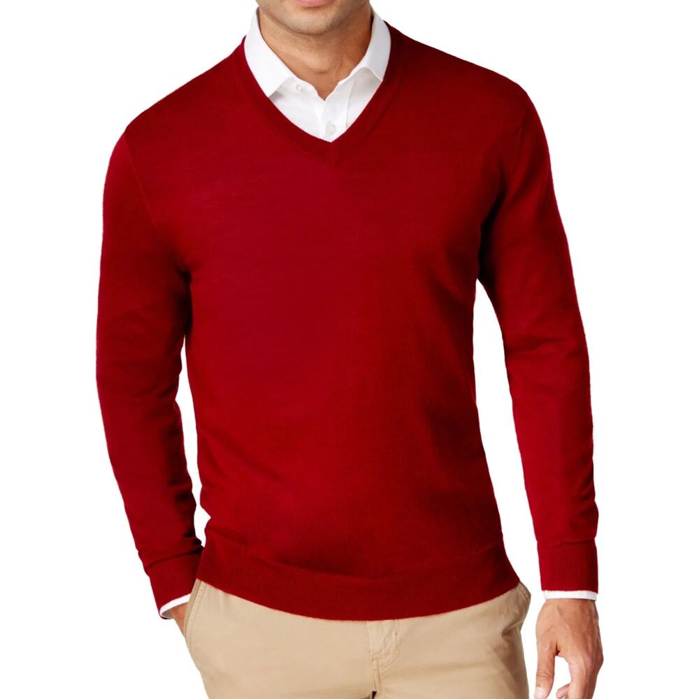 Merino Wool Classic Preppy Lightweight Red V-Neck‎ Sweater Club Room Men's Large